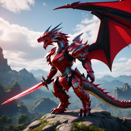 a mecha anthro dragon floating in the sky holding a shiny red sword, hyperrealistic, unreal engine, cryengine, 3d, cinematic, 4k, 8k uhd, dslr, soft lighting, high quality, film grain