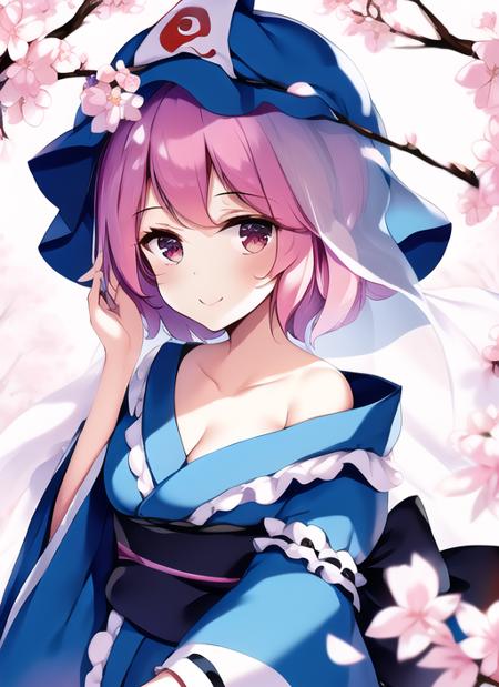 <lora:ke-ta-000030:1>, saigyouji yuyuko, touhou, ke-ta, 1girl, bangs, bare shoulders, blue headwear, blue kimono, blurry, cherry blossoms, depth of field, hand up, hat, japanese clothes, kimono, looking at viewer, mob cap, obi, off shoulder, pink eyes, pink hair, sash, short hair, smile, solo, tree, triangular headpiece, upper body, veil, white sash