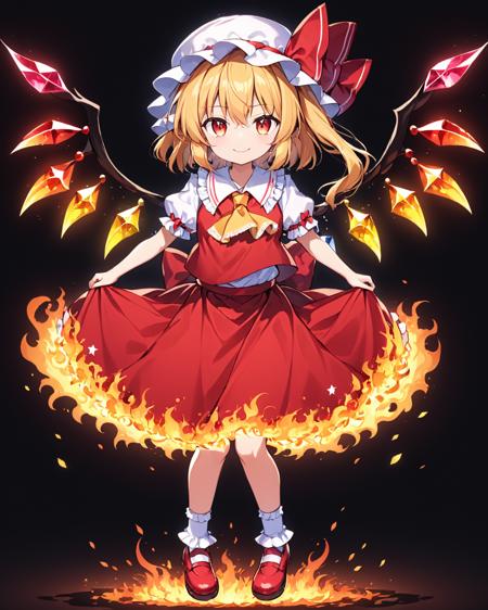 flandre scarlet,1girl, solo, laevatein_\(touhou\), mob_cap, wings, one_side_up, yellow_ascot, hat_ribbon, looking_at_viewer, red_vest, fire, puffy_short_sleeves, red_ribbon, crystal, white_socks, white_headwear, full_body, shoes, smile, red_skirt, red_footwear, dress, frilled_shirt_collar, standing, red_bow, holding_weapon
<lora:flandre_scarlet_image12338_2023-12-11-000005:1>,star-shaped_pupils,symbol-shaped_pupils,. gorgeous,key visual, vibrant, studio anime,award-winning, professional, highly detailed,high budget, cinemascope