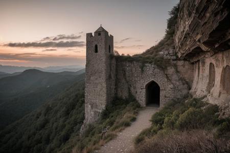 raw photo, a sunset landscape, oregon mountains, forested ravine cliffs, cozy, photorealistic, abandoned Towering Stone gateway entry into dark the side of cliff, dwarven, high fantasy style, high detailed texture, 8k uhd, dslr, soft lighting, high quality, film grain, Fujifilm XT3, Sony A7 IV, highly detailed photography, (muted colors, cinematic, dim colors, soothing tones:1.2), vibrant, insanely detailed, hyperdetailed, (dark shot:1.2), (vsco:0.3), (intricate details:0.9), (hdr, hyperdetailed:1.2) (highest coherency: 1.39) (highest quality: 1.39) (rule-of-thirds) (award-winning) (masterclass) (highest resolution: 1.39) (castle architecture built into cliff: 0.69) (starfort: 1.1) (protruding from hillside)