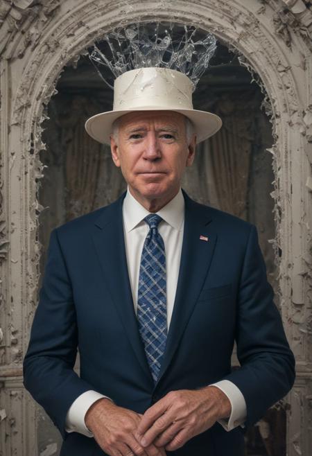 full-length images (full-body images), Joe Biden wears the cursed sparkle hat of destruction!, macabre surrealism, bypassing rationality, evil after image, double exposure, evil echo image, echo image, refection, sidelit,  masterpiece from an evil dimension, film grain, noise offset, Getty Images quality photograph, surrealist horror photograph, melancholy terror and regret , multiple-exposure photograph, UHD, very slow shutter speed to capture motion, experimental lighting, experimental angles, strong fisheye-lens/ intense fisheye-view photograph,
