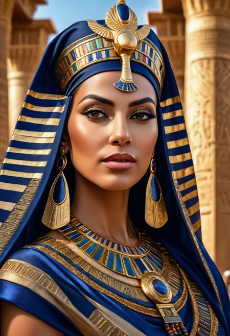 (masterpiece:1.5), (photorealistic image), ultra-detailed image, hyper realistic, egyptian queen, 50 years old, (look in camera:1.3), (low angle:1.1), ((regal presence)), (realistic skin:1.2), grand palace setting, realistic lighting, intricate details, ((majestic attire)), ornate headdress, ((historically accurate accessories)), ((dramatic composition)), regal expression, authentic textures, ((luxurious surroundings)), ((captivating atmosphere)), ((timeless elegance)), professional photographer, ((realistic shadows)), detailed features, ((commanding presence)), ((rich color palette)), realistic reflections, ((grand architectural elements)), ((sumptuous drapery)), ((historical accuracy)), ((captivating gaze)), expertly captured moment,  RAW photo, <lora:more_details:0.9>, <lora:DetailedEyes_V3:1>
