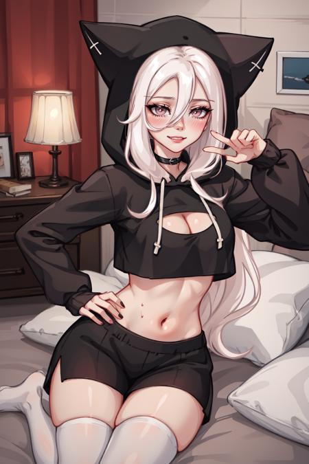 sexy body, sexy pose, sexy woman, sexy cloth, 
evil smile, blush, 
<lora:CatShi-03:0.6>, CatShi, white hair, long hair, cat hood up,