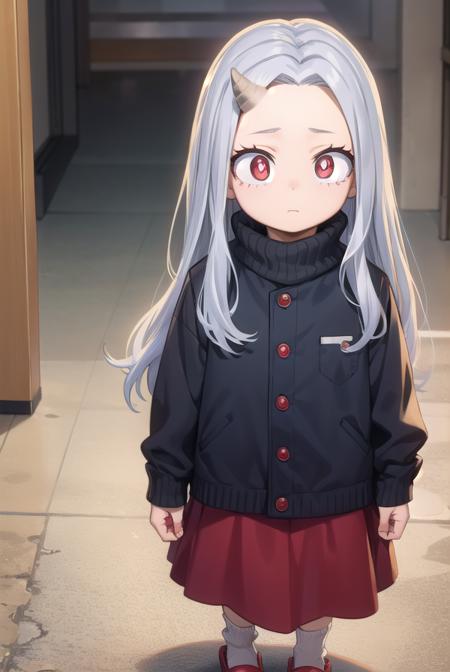 eri, long hair, (red eyes:1.5), grey hair, horns, child, single horn, female child, shirt, long sleeves, dress, white shirt, collared shirt, red dress, pleated dress, short sleeves, hospital gown, skirt, long sleeves, socks, sweater, red skirt, turtleneck, slippers,