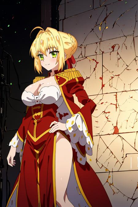 <lora:last_encore_512:1>,
masterpiece,best quality,1girl,solo,fxle_anime,nero,blonde hair,large breasts,
long dress,red dress,cleavage,white bra,long sleeves,nice hand,good hand,