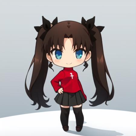 ((masterpiece)), (best quality), highres, ultra-detailed,
chibi,  gfl, 3d, depth of field, figure, focused, photo (medium), photo background, pov, white background, 
tohsaka rin, solo, standing, looking at the viewer, smile, closed mouth, slight blush, 1girl, solo, long hair, two side up, brown hair, blue eyes, hair ribbon, red turtleneck, long sleeves, pleated skirt, black skirt, black thighhighs, twintails
<lora:GFL:0.9>,  <lora:chara_FateStayNightUBW_TohsakaRin_v1:0.8>