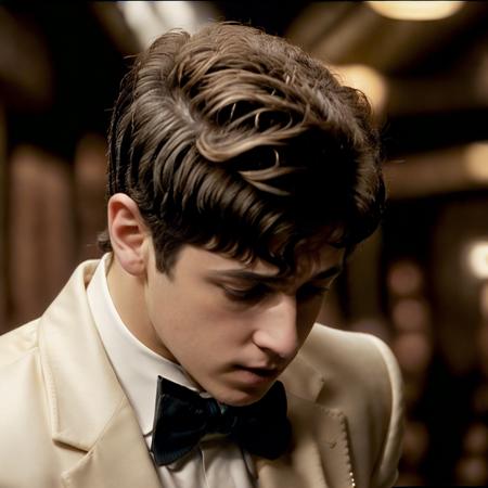 upper body portrait of davidhenrie person using a tuxedo ivorygoldai style, in blade runner, professional photography, high resolution, 4k, 50mm, kodakvision500t, <lora:davidhenrie_6120:1> <lora:IvoryGoldAI:1>