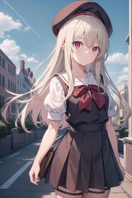 illyasvielvoneinzbern, <lyco:illyasvielvoneinzbern-lyco-nochekaiser:1>,
illyasviel von einzbern, blonde hair, hair between eyes, long hair, (red eyes:1.5),
BREAK beret, black skirt, brown footwear, collared shirt, hat, homurahara academy school uniform, kneehighs, loafers, pleated skirt, puffy short sleeves, puffy sleeves, red ribbon, ribbon, school uniform, shirt, shoes, short sleeves, skirt, socks, white headwear, white shirt, white socks,
BREAK outdoors, city, sky, cloud, sun,
BREAK looking at viewer, (cowboy shot:1.5),
BREAK <lyco:GoodHands-beta2:1>, (masterpiece:1.2), best quality, high resolution, unity 8k wallpaper, (illustration:0.8), (beautiful detailed eyes:1.6), extremely detailed face, perfect lighting, extremely detailed CG, (perfect hands, perfect anatomy),