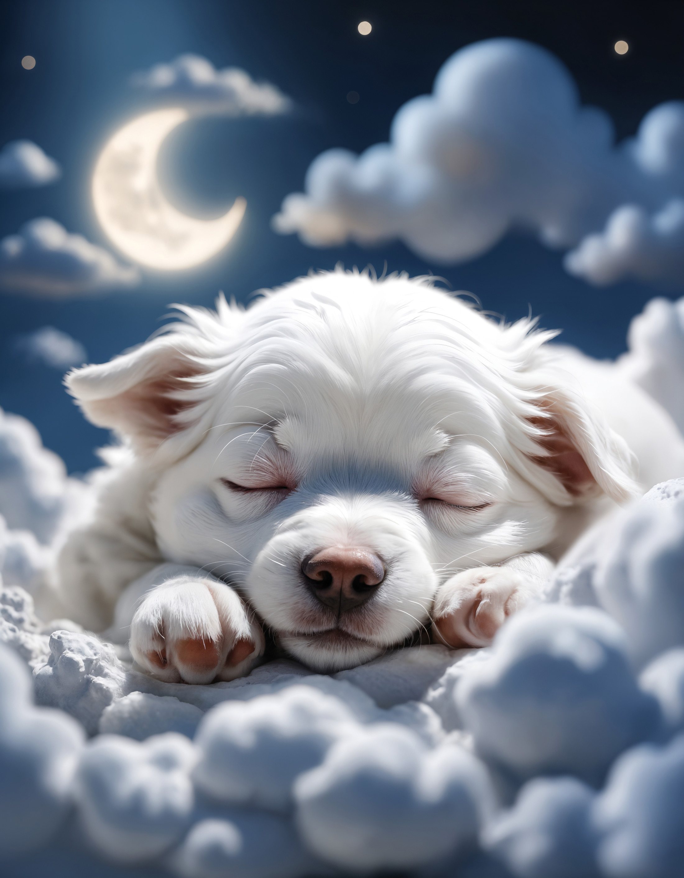 A white pup is sleeping on the clouds. There's a moon in the night sky and no stars Removed From Image ugly, deformed, noi...
