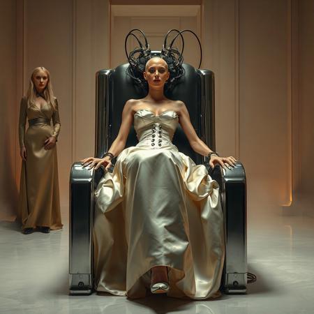 A slender, totally bald, arrogant  rich norvegian bride, reclined in a polished steel restraint fetish chair, dressed in a luxurious, rich fantasy satin wedding gown with a fitted, boned corset accentuating her ultra-thin waist.and a full, flared skirt, paired with satin high heels, orgasm face. The massive electrodes holding her head pressed to the steel restraint chair headrest,  cabled to a  futuristic superconputer rack. Her hands and ankles are bound to the steel restraint chair   by massive steel restraints,   weird fog from the floor. Tall french maid at background wearing classy satin uniform and holding blonde long haired wig. The scene is set in a sterile, empty chamber, with a glossy mother-of-pearl finish, evoking a sense of futuristic dread. Inspired by the cinematic styles of Ridley Scott, Guillermo del Toro, and H.R. Giger, with a blend of sci-fi and horror elements, this full-body portrait is a masterpiece of cinematic storytelling, shot on a virtual v-raptor XL camera, with a warm, film-grained aesthetic, subtle vignette, and rich color grading, reminiscent of 35mm film, with dramatic, atmospheric lighting, inviting the viewer to immerse themselves in this epic, stunning scene.