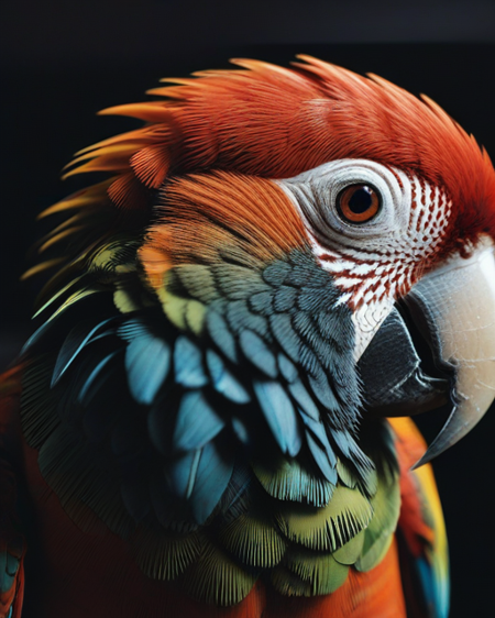 macro shot, cinematic photo of parrot, colorful, dark shot, film grain, extremely detailed