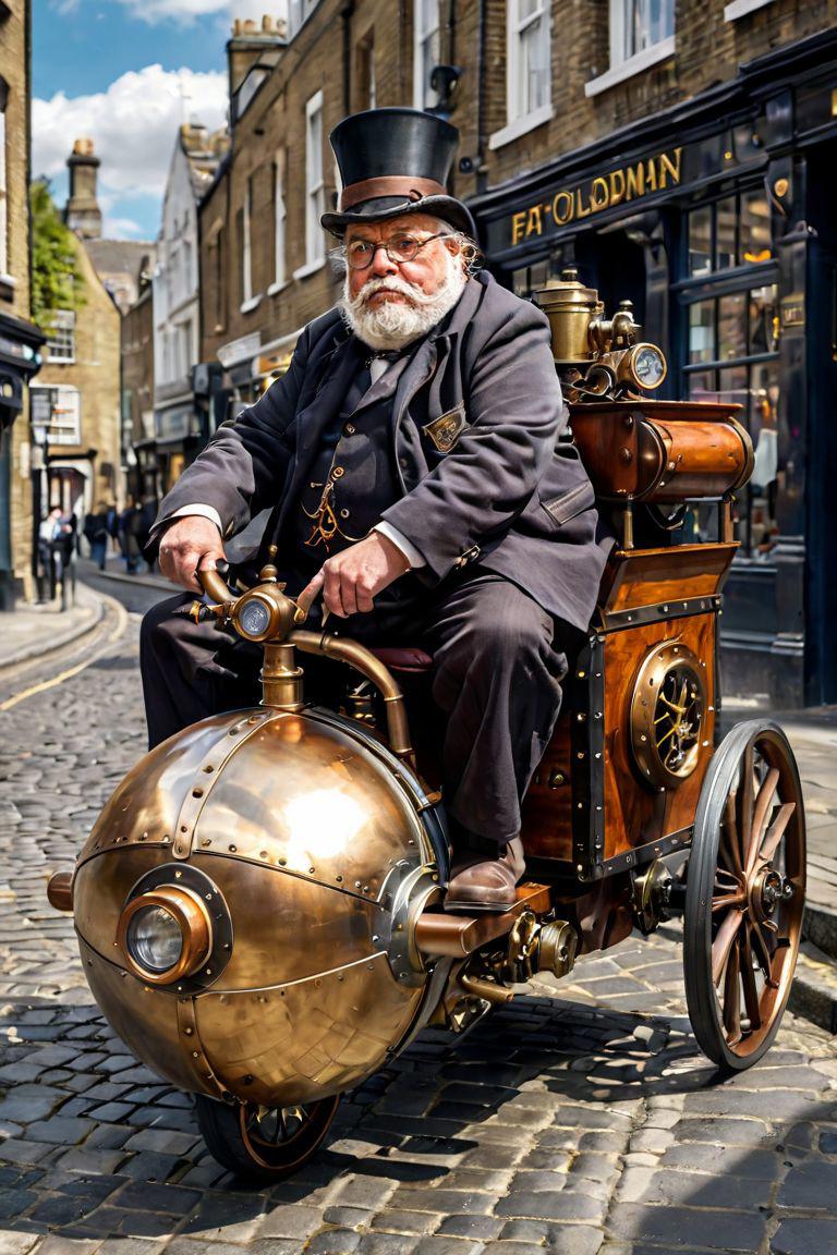 best quality photography of transports (the fat oldman: 1.4) on the three-wheel steampunk machine with large wheels, glass and cap, lively historical center of London, cobblestone road, sun day, volumetric lightingt, (dynamic perspective, maximum detail), 16k resolution, (hyper realism: 1.4), (ultra realistic photography: 1.4), <lora:add-detail-xl:1>