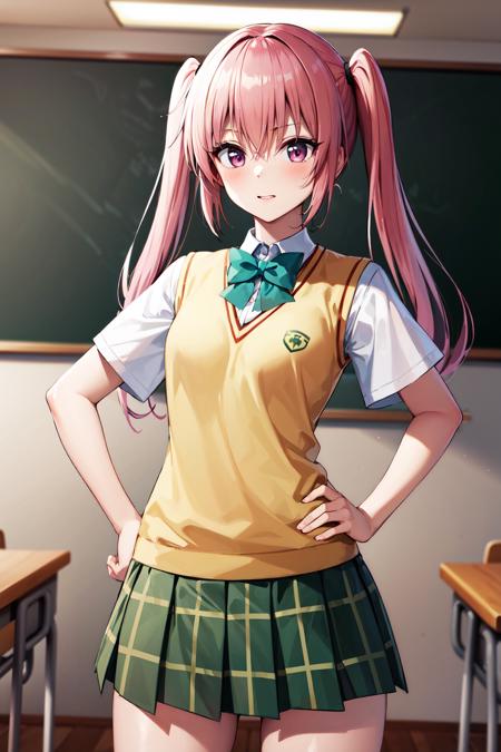 masterpiece, best quality, highres, aanana, long hair, twintails, school uniform, green bowtie, white shirt, sweater vest, short sleeves, plaid skirt, green skirt, <lora:nana_asta_deviluke_v1:0.7>, classroom, hand on hip, indoors, standing