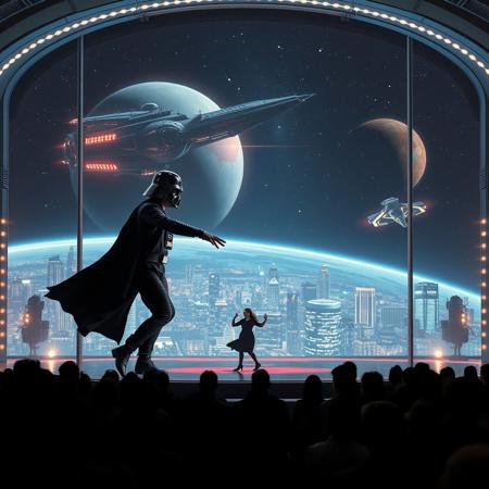 immaculately detailed realistic ultra quality image focused on Darth Vader (Star Wars) and Harry Potter engaged in a duel on a futuristic stage micro-LED lighted, behind the dancer on the stage is an enormous seamless and futuristic wall to wall and floor to ceiling window that looks out at a the planet's surface covered with the lights of enormous buildings and cities, An enormous deco starship with futuristic lighting and an enormous space station are visible in the background among the stars, Artistic art deco, dynamic perspective, (((overall architectural aesthetic is Art Deco Cyberpunk))).  Epic image that elicits a feeling of romanticism, wonder, and awe, the silhouette of the audience can be seen in the foreground that show the enormous scale of the stage and seamless window behind it,