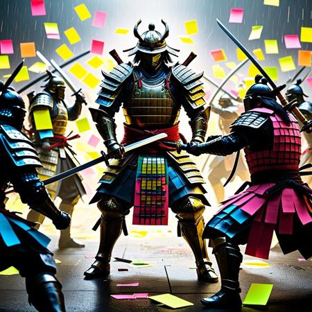 (HD, masterpiece, best quality, hyper detailed, ultra detailed, super realistic),"A dynamic battle scene featuring a samurai clad in armor made out of multicoloured jed-stickyn , clashing swords with a shadowy opponent in a storm-lit environment. Lightning flashes illuminate the battlefield, casting reflections off the shimmering armor. Add dramatic motion blur and neon streaks to emphasize the intensity of the fight.", Jed-StickyN<lora:challenge\StickyNotesStyle.safetensors:1.0:1.0>