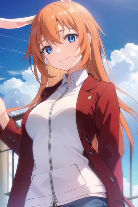 charlotte yeager, long hair, smile, blue eyes, animal ears, orange hair, rabbit ears, rabbit girl, shirt, white shirt, collared shirt, jacket, (red jacket:1.5), long sleeves,