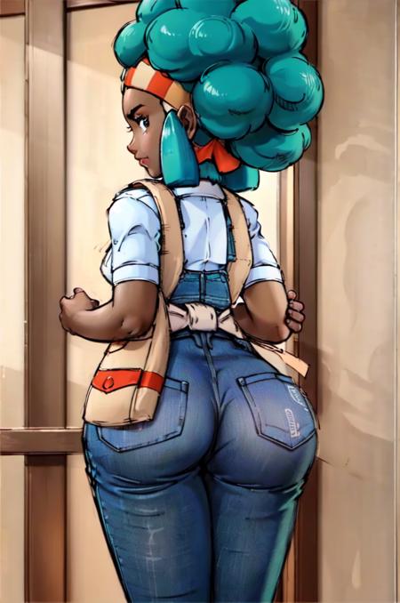 (masterpiece, best quality:1.2) lenora, pokemon, 1girl, solo, (from behind, bent over:1.3), blue hair, big hair, afro, sidelocks, (very dark skin, dark-skinned female:1.2), (large ass, thick thighs,:1.1) white shirt, short sleeves, hairband, collared shirt, pants, (apron:1.1), denim, jeans, blue pants,   <lora:LENORA-15:0.8> <lora:kenSugimori1990sClassic_v12:0.7>