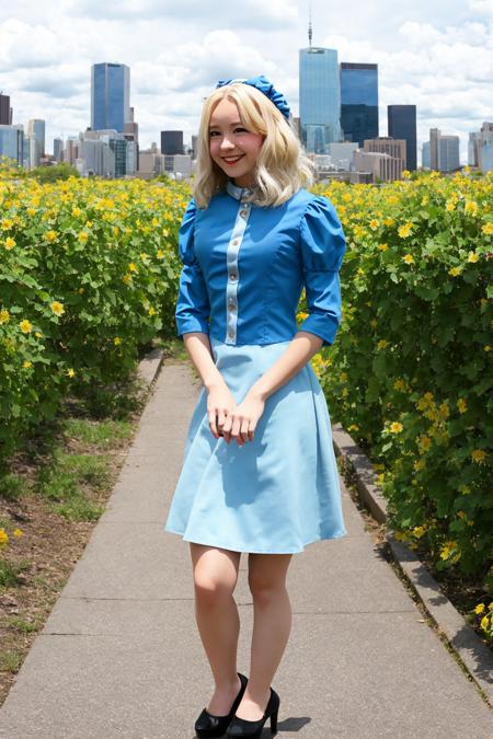 mariarobotnik, long hair, blonde hair, blue hair, hairband, blue dress, puffy sleeves, :d, looking at viewer, city <lora:maria_robotnik-v2:1>