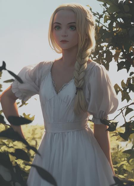 <lora:witcher-ciri:0.8>, witcher-ciri, 1girl, solo, blonde hair, glowing green eyes, braid, hair over shoulder, long hair, single braid, white dress, small breasts,