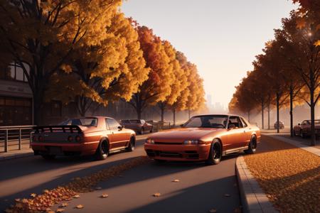 SKYLINER32, sports car parked on a street covered with leaves in autumn in a (city:1.3), fall, global illumination, volumetric lighting, best quality, highly detailed, cgi, illustration, octane render,  <lora:SKYLINER32:0.6>