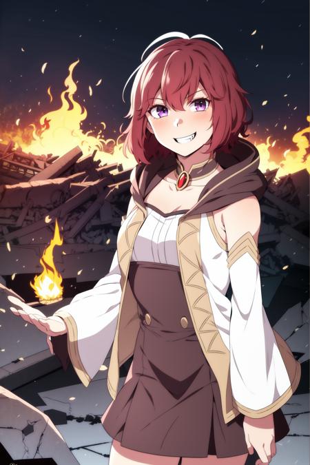 malori, 1girl, red hair, purple eyes, bangs, short hair, brown skirt, hood down, detached sleeves,dress, 