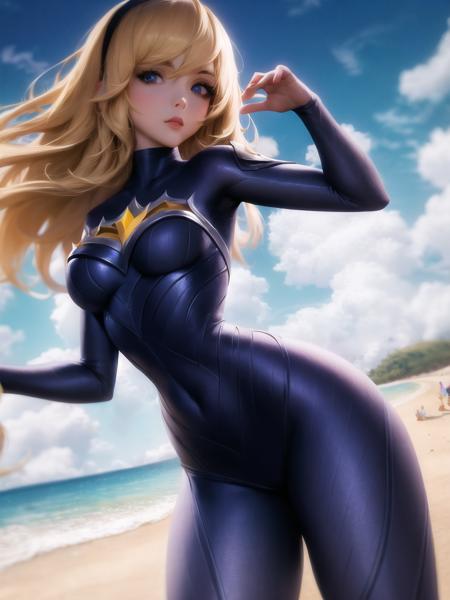 beach, lux, luxanna crownguard, league of legends, cowboy shot, looking at viewer, 1girl, solo, blonde hair, blue eyes, blue pants, blue bodysuit, bodysuit, impossible bodysuit, brown hairband, hairband, long hair, long sleeves, sapphire, standing <lora:lux-000016:1>