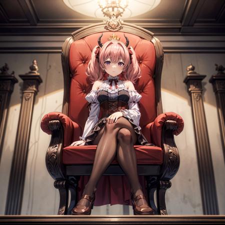 <lora:Linie001:0.3>,looking down,ceiling,
Linie,1girl,demon horns,pink hair,twintails,
dress,brown ribbon,frills,corset,wide sleeves,sleeves past wrists,
pantyhose,brown footwear,
soft lighting,
full body,sitting,(king's chair:1.2),(armrests:1.2),(leaning_back:1.2),(crossed legs:1.1),(luxurious banner:1.2),chandelier,
<lora:add_detail:1>,