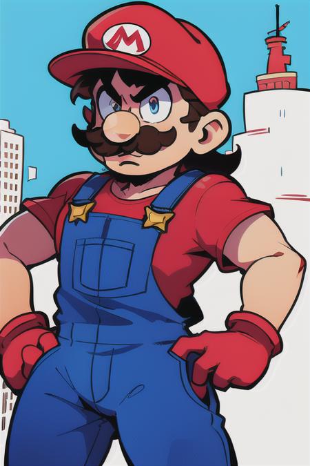 <lora:SuperMario:0.4>
1man supermario in blue overalls and a red tshirt, mustache running in new york city, skyscrapers, hat, 80's anime style