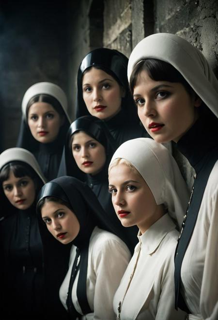 closeup front view, Split Diopter style, busty nuns standing in a row, front view, lustful blushed pureerosface_v1 vintage nuns looking to viewer, Capture the anticipation: A vintage scene unfolds as a group of nuns, clad in white habits and bonnets, cautiously open the doors of an ancient castle. Their faces alight with curiosity and expectation, embodying a moment steeped in mystery and intrigue.
deep blacks, high contrast, atmospheric haze, Film grain, cinematic film still, shallow depth of field, highly detailed, moody, epic, OverallDetail, 2000s vintage RAW photo, photorealistic, candid camera, color graded cinematic, atmospheric lighting, imperfections, natural, shallow dof