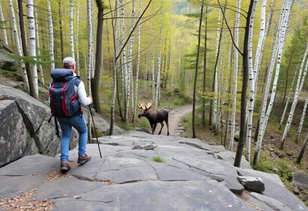 Hiking with large backpack slowly through the a Vermont forest across slabbed rock face, birch trees abound, amazing view with a moose coming out of the trees ahead on the path.