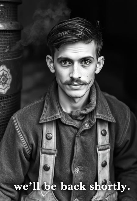 vintage black and white photograph, a dirty chimney sweeper at work, covered in soot looks at the viewer, (with caption "we’ll be back shortly"), young man with a mustache, clothes covered in grit, smoke
