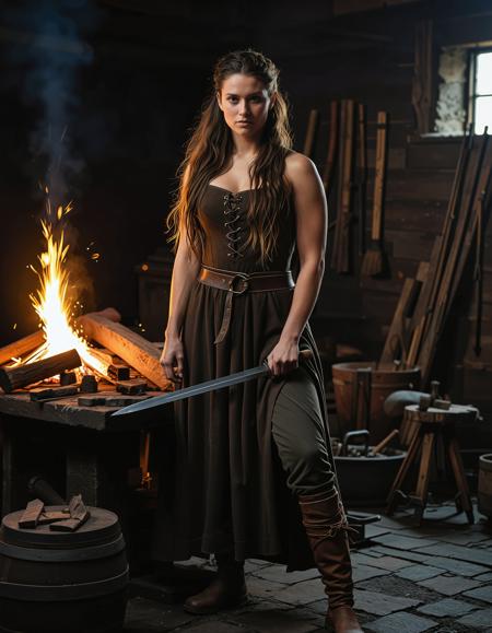 RAW full body image of a gorgeous 25 years old Gorgeous Viking Woman Brunette, loose hair, <lora:NordicByNature:0.8>,The Forge Mistress, A skilled Viking blacksmith hammering molten metal, sparks flying as she crafts weapons for her fellow warriors.,low light, soft natural light, Rembrandt style light, Hasselblad DLSR camera, 200mm Zeiss lens, f/2.8, clear focus, high resolution image, (soft naural light), (rembrandt light), (soft shadows) ,Sexy pose, erotic pose, exhibitionism,