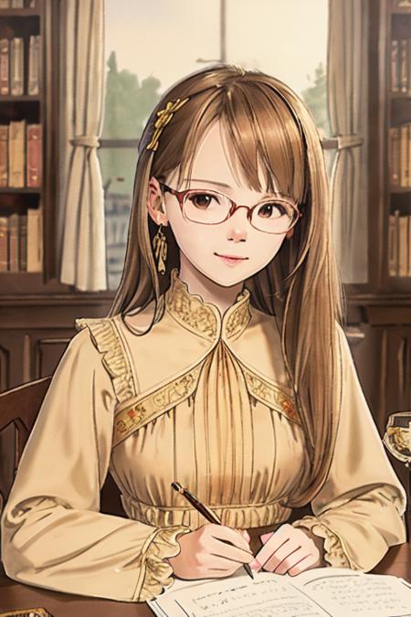 AM149_Anna_Jitkova,
25 years old woman in (thick frame glasses) weared (long-sleeve high neck dress:1.2)
sitting at the table in the library, <lora:LowRA:0.3>,
soft light, golden hour, cheerful mood, shoulder shot, close up, 
intricate, highly detailed, insane details, intricate details