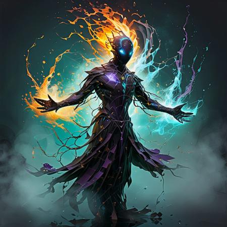 Artnthrmg, artmsc, mosaic, With this spell, the nether mage can turn his body into pure elemental nether. In this form, the mage is able to use his own body as a receptacle for elemental energies that can be used afterwards for various nether spells. The control of nether energy is very difficult and a careful nether mage makes a strong point of always having is control spell up and to avoid returning to his normal body with too much stored energy. The amount of nether energy that can be stored is linked to the nether mage status in the nether guild. A nether mage must also be careful not to have too much elemental energy stored when he goes back to his normal form, for else the huge amount of energy will explode into the air around the mage, which might prove quite lethal. Efficiency of this spell depends on the mage knowledge in the basic bodies and masteries, fire, earth, water and air.. ::2 masterpiece, long exposure, layered elements, motion photography, stark contrasting color transitions, saturated colors, harmonious color story, illusionism, beautiful details, blackhole energy core, ::1