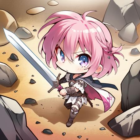 (masterpieces, best quality, illustration, extremely detailed CG wallpaper, ultra-detailed) , (beautiful detailed eyes), hero shot of 1girl with pink hair wielding a sword, solo focus , lace-up leather boots, cross-laced clothes, detached sleeves, rising rock ground, cracked ground, blowing away debris, beautiful detailed rocks, chibi <lora:komowata_haruka_counterfeitxlb_1-05:0.8>