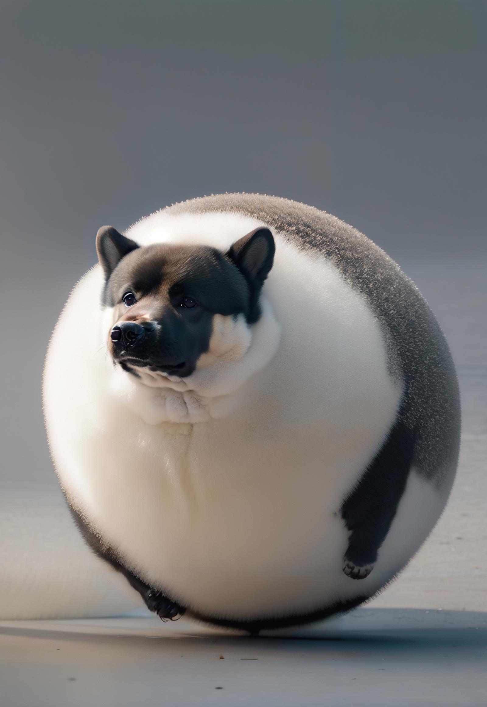 A chubby black and white dog walking on the floor.