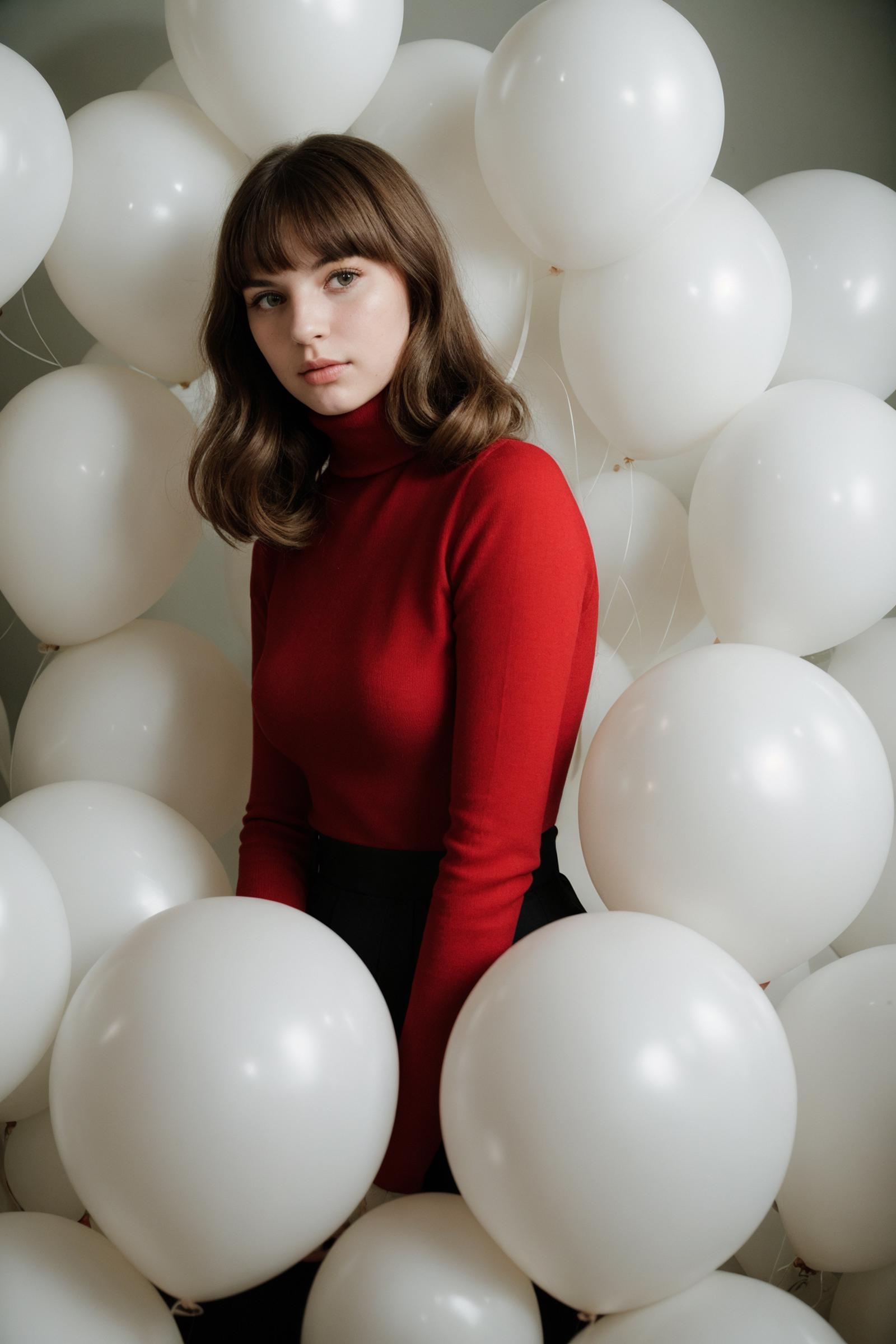 A woman in a red shirt stands surrounded by white balloons.