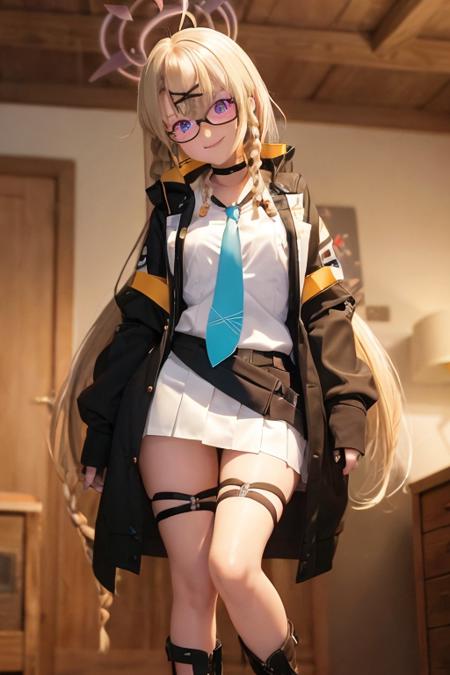 1girl, otose_kotama, halo, blonde hair, long hair, bang, hair ornament, side braid, purple eyes, glasses, choker, jacket, open clothes, white shirt, necktie, short skirt, boots,smile, bedroom <lora:otose_kotama:0.8>