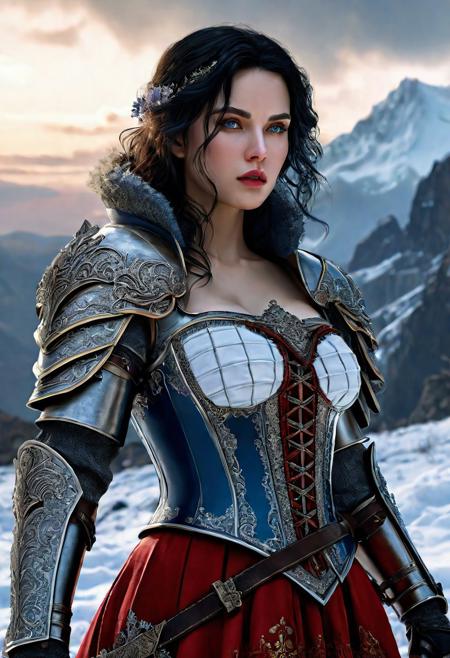 High resolution ultra-realistic of Beautiful Snow White warrior, Fantasy style, 8k, capturing the intensity of the moment, dramatic lighting, standing on a bloody and stormy battlefield in a fighting pose, fire, intricately designed shining iron armor, red skirt, perfect athletic figure, beautiful Warrior Swow White, fire, dirty face, ultra realistic, cinematic style, athletic figure, dark fantasy, covered in dirty and blood, cinematic colors Lighting, extremely detailed, 8K, wavy black hair, realistic dirty bloody pale face, realistic blue eyes, beautiful Snow White on in cool iron armor, hyper-detailed, hyper-realistic, bright colours, Attractive 21 old years girl, Attractive, beautiful firm Breasts, sharp focus, digital painting, Photograph Taken on Nikon D750, Alphonse Mucha, 8K, athletic figure, Hyperdetailed, hyperrealism, Attractive, Attractive bust girl, asymmetric balance