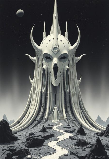 by Moebius, futuristic-futuristic, (bizarre otherworldly technological advanced galactic civilization but extremely beautiful:1.4), (masterpiece, best quality:1.4) , in the style of nicola samori, white, ivory and black hue