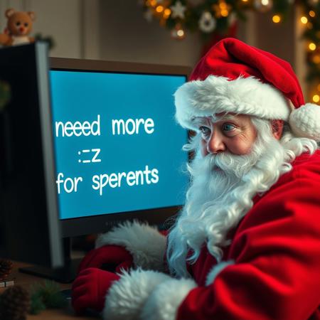 Santa with dumbstruck look looking at computer screen with text "need more buzz for presents", funny, realistic, masterpiece, photograph, festive, decorated
