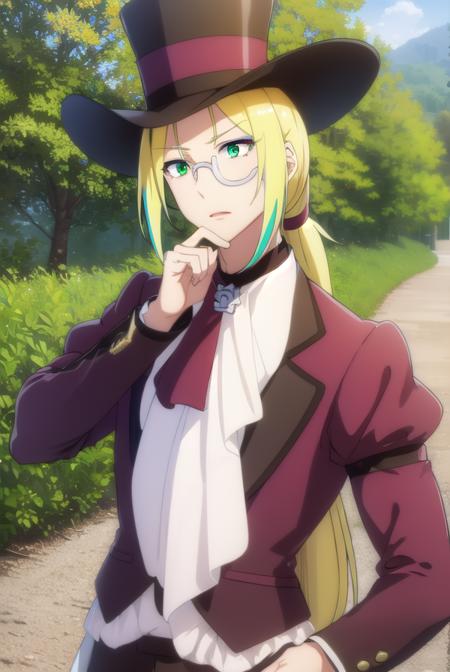 fruitofevolutionvitor, <lora:fruitofevolution vitor s2-lora-nochekaiser:1>,
vitor, long hair, blonde hair, (green eyes:1.3), ponytail, male focus, multicolored hair, glasses, makeup,
BREAK hat, pants, ascot, top hat, monocle,
BREAK outdoors, nature, forest, grass, 
BREAK looking at viewer,
BREAK <lyco:GoodHands-beta2:1>, (masterpiece:1.2), best quality, high resolution, unity 8k wallpaper, (illustration:0.8), (beautiful detailed eyes:1.6), extremely detailed face, perfect lighting, extremely detailed CG, (perfect hands, perfect anatomy),