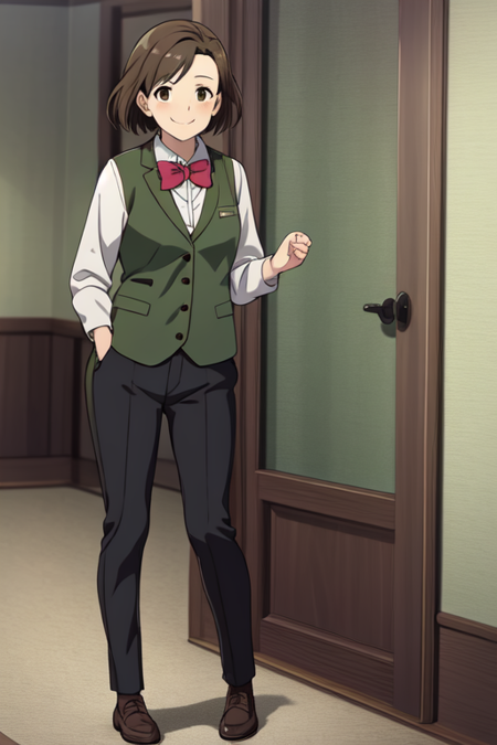 numatamineko, brown eyes, a brown haired young woman wearing a white collared shirt and dark green jacket, 1girl, bowtie, bow, solo, brown hair, traditional bowtie, full body, smile, vest, green bow, pants, standing, black pants, black vest, green bowtie, white shirt, shirt, shoes, long sleeves, closed mouth