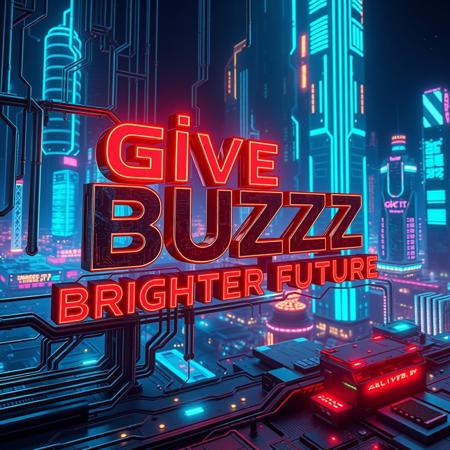 Create a highly detailed futuristic scene showcasing the phrase 'Give Buzz for Brighter Future' in bold, glowing letters with a high-tech, embossed design. The text appears as if it is made from a combination of neon and metal, reflecting ambient lights. Surround the text with a cyberpunk-inspired environment featuring sleek, glowing circuitry, holographic elements, and a cityscape filled with vibrant lights and advanced technology. The setting emphasizes innovation and energy, with an overall luminous and dynamic atmosphere that symbolizes a brighter future.