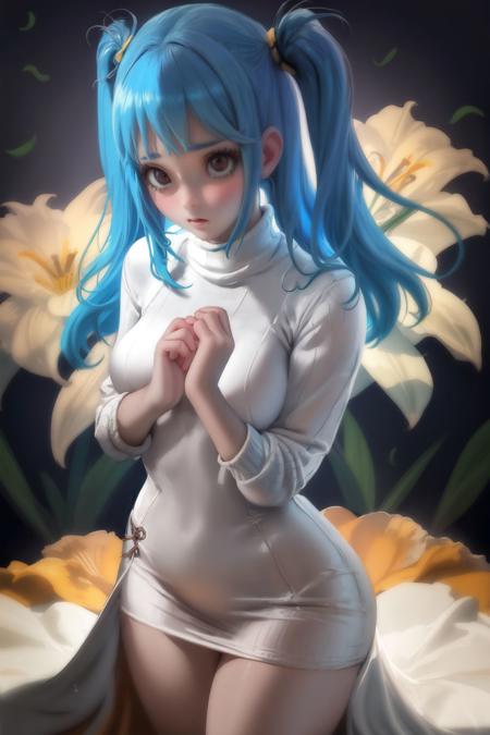 cowboy shot, solo, 1girl, ashamed, aqua hair, one side up, dark brown eyes, beige turtleneck, Lily_of_the_Nile \(flower\), floral background <lora:Sakimichan_style_v01:1>