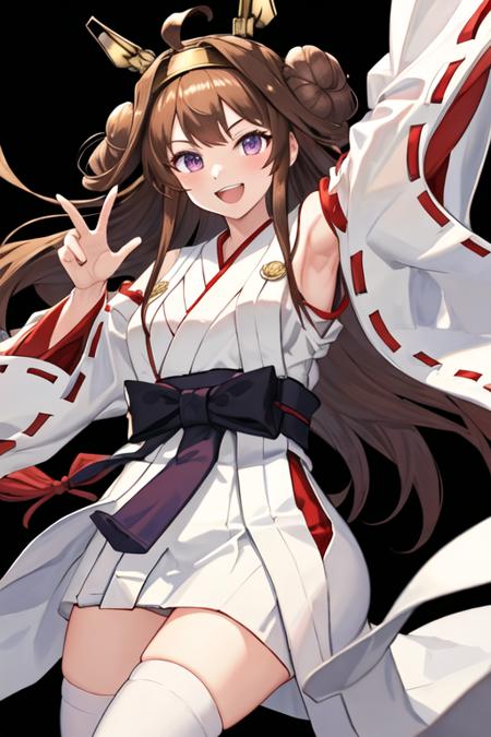 best quality, masterpiece, highres, solo, {white kimono:1.35}, {red hakama:1.35}, {wide sleeves:1.20}, {kongou_kantaicollection:1.15}, brown_hair, long_hair, ahoge, hairband, hair_bun, double_bun, headgear, smile, nontraditional_miko, purple_eyes, open_mouth