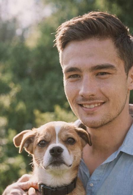 cinematic film still fashion photography portrait of 1man with cute dog as companion, headshot, sunlight , Fine Art & Beauty Photography – ,,light diffraction in frame, dreamy,hazy look.  Helios 44-2 lens mounted on a Praktica MTL 5B Helios 44M-4 lens, 58mm f/2,   in a garden. authentic happy smile towards camera, <lora:hand 4:0.3>