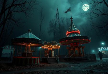 Imagine an abandoned carnival overtaken by supernatural elements, where old rides, clowns, and attractions come to life with a dark twist. Incorporate eerie lights, ghostly figures, and decaying structures