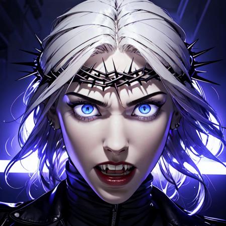 ((portrait, a woman screaming,))<lora:HayanVampireLoRA:0.9> 1girl, blue slit pupils, long white hair, white skin, fangs, blue glowing eyes, turtleneck, black nails, leather jacket, crown of thorns, high-waist pants, beautiful eyes, beautiful girl, high detail skin, high detail eyes, high detail hair, highres, ultra detailed, sharpen picture, Highly detailed, masterpiece, best quality, photorealistic, angrey