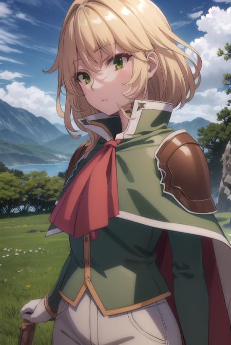 healerblade, <lora:healer blade s1-lora-nochekaiser:1>,
blade, blonde hair, (green eyes:1.5), short hair, hair between eyes,
BREAK long sleeves, pants, cape, uniform, military, ascot, white pants,
BREAK outdoors, forest, nature, trees, grass, sun, sky, clouds,
BREAK looking at viewer, (cowboy shot:1.5),
BREAK <lyco:GoodHands-beta2:1>, (masterpiece:1.2), best quality, high resolution, unity 8k wallpaper, (illustration:0.8), (beautiful detailed eyes:1.6), extremely detailed face, perfect lighting, extremely detailed CG, (perfect hands, perfect anatomy),